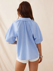 Cotton Striped Ruched Lantern Sleeve Blouse