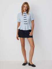 Striped Stand Collar Puff Sleeve Toggle Button Peplum Hem Blouse