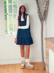 Denim Heart Applique Ruffle Hem Oversized Mini Pinafore Dress