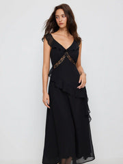 Chiffon V-neck Ruffled A-line Maxi Dress