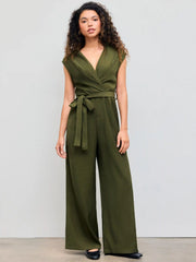 Collar Solid Pocket Wide Leg Jumpsuit With Belt