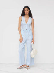 Cotton-blend V-neck Stripe Wide Leg Jumpsuit