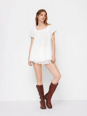 Square Neck Solid Ruffle Knotted Short Sleeve Blouse