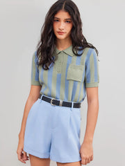 Knit Polo Collar Striped Pocket Short Sleeve Top