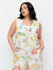 Fruit Graphic Color-Blocking V-Neck Oversized Reversible Jacket Vest Curve & Plus
