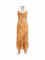 Lace Halter Neckline Paisley Asymmetrical Hem Flared Maxi Dress