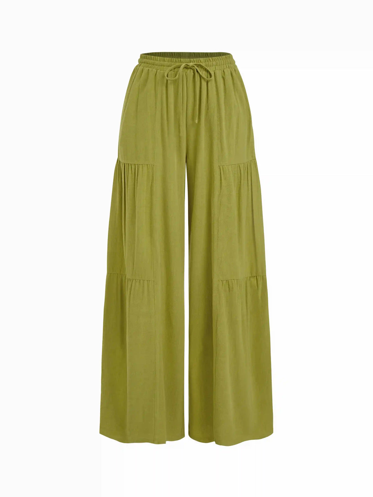 Linen-blend Mid Rise Drawstring Tiered Draped Wide Leg Trousers