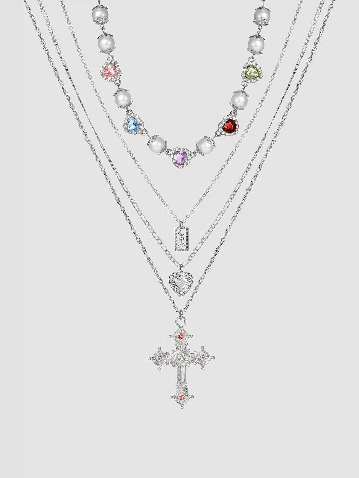 4PCS RHINESTONE DECOR CROSS & HEART & SQUARE PENDANT & HEART RHINESTONE & FAUX PEARL NECKLACE SET