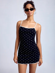 Cotton-blend Polka Dot Square Neck Contrasting Binding Bodycon Mini Dress