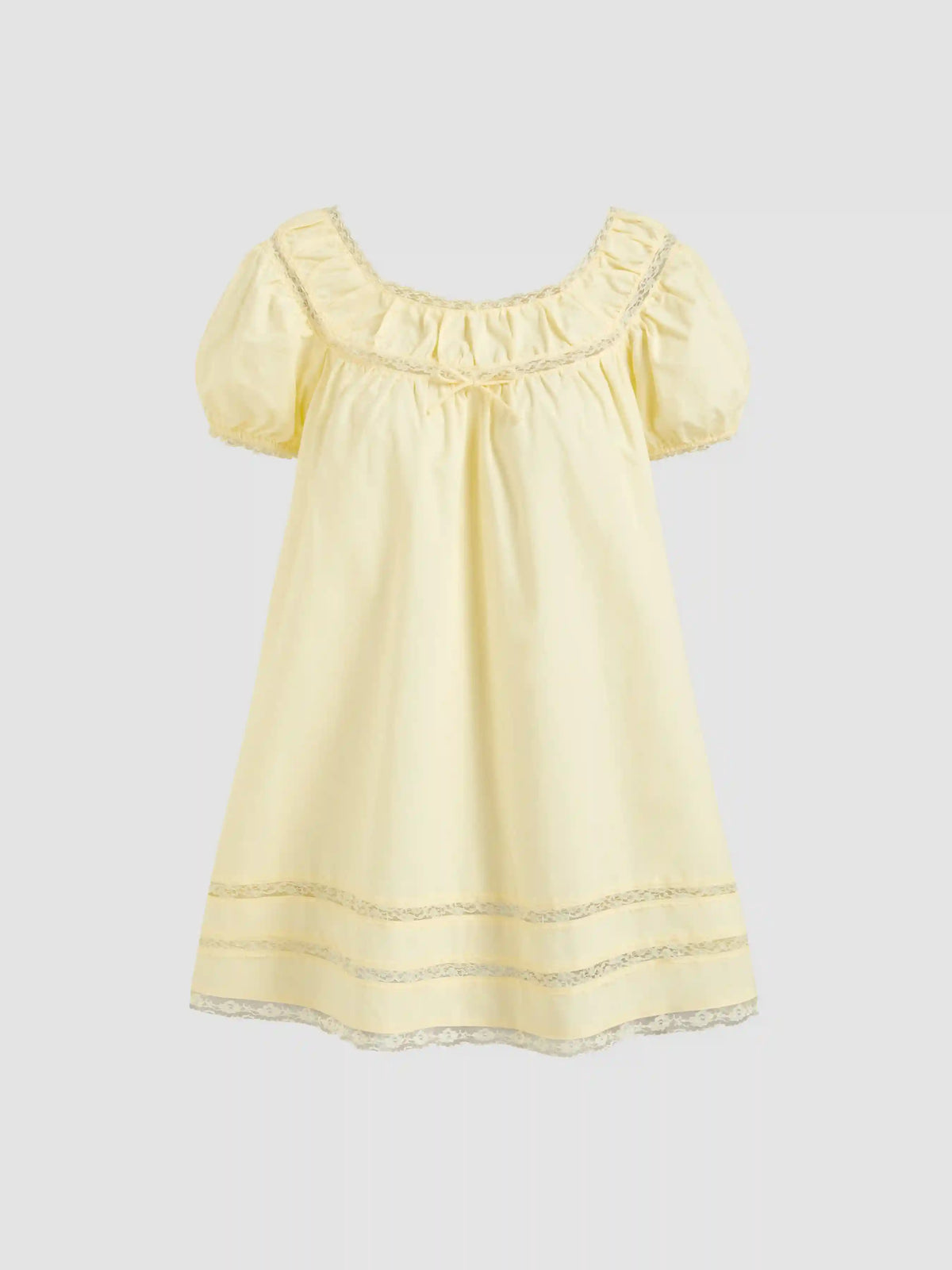 Cotton-blend Lace Trim Bowknot Puff Sleeve Mini Babydoll Dress