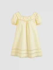 Cotton-blend Lace Trim Bowknot Puff Sleeve Mini Babydoll Dress