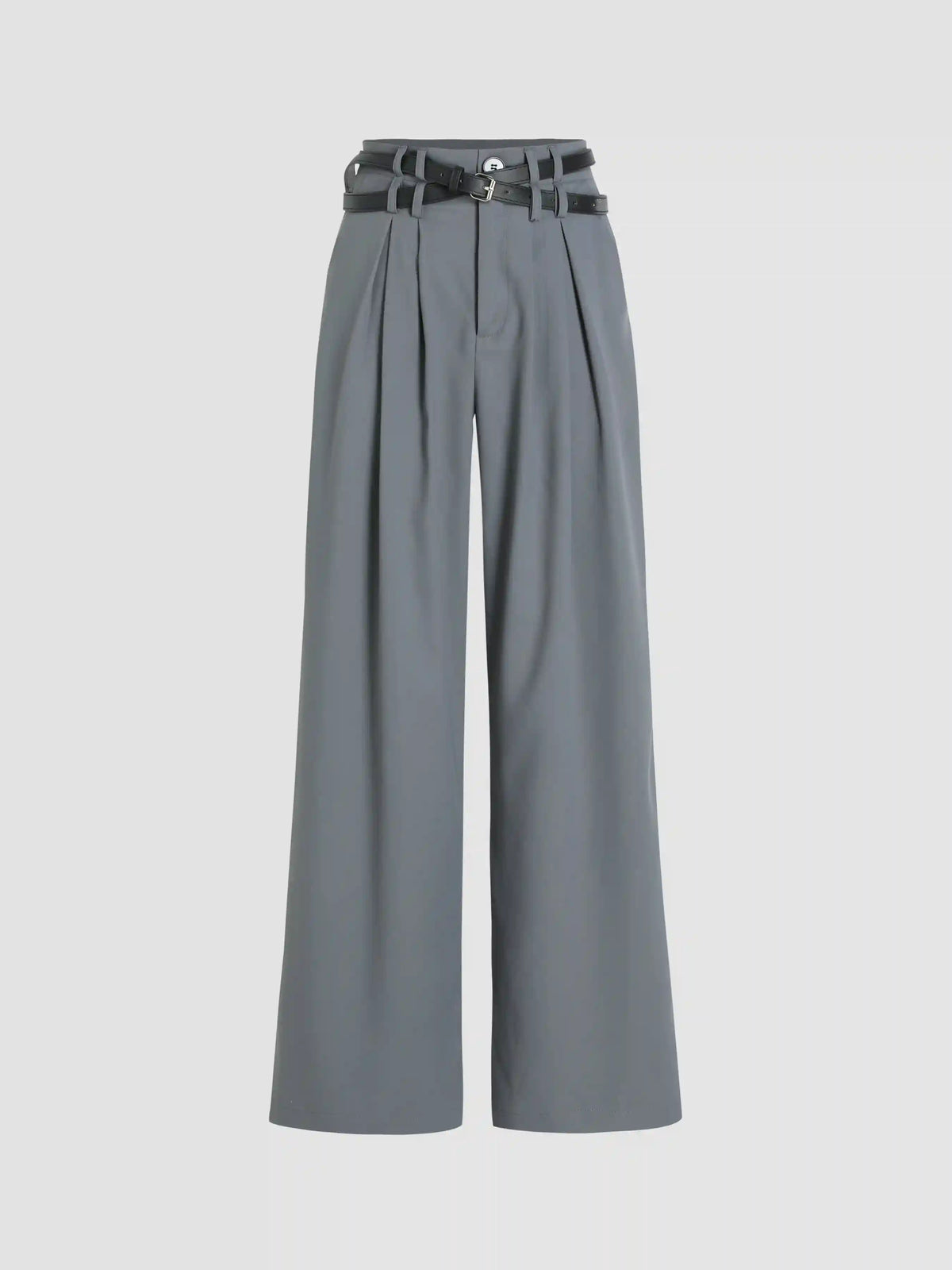 Solid Belted Straight Leg Trousers