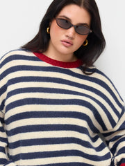 Knit Mohair-blend Striped Contrasting Binding Top Curve & Plus