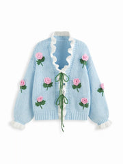 Knit 3D Floral V-neck Knotted Ruffle Trim Oversized Cardigan