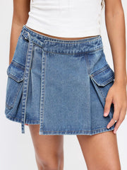 Denim Low Rise Washed Wrap Pocket A-line Mini Skort