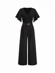 V-neck Bell Sleeve Mid Rise Wide Leg Jumpsuit With Belt