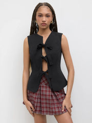 Cotton-blend Round Neck Solid Bowknot Sleeveless Vest