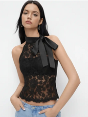Cotton-blend Lace Halter Neckline Bowknot Top & Bandeau
