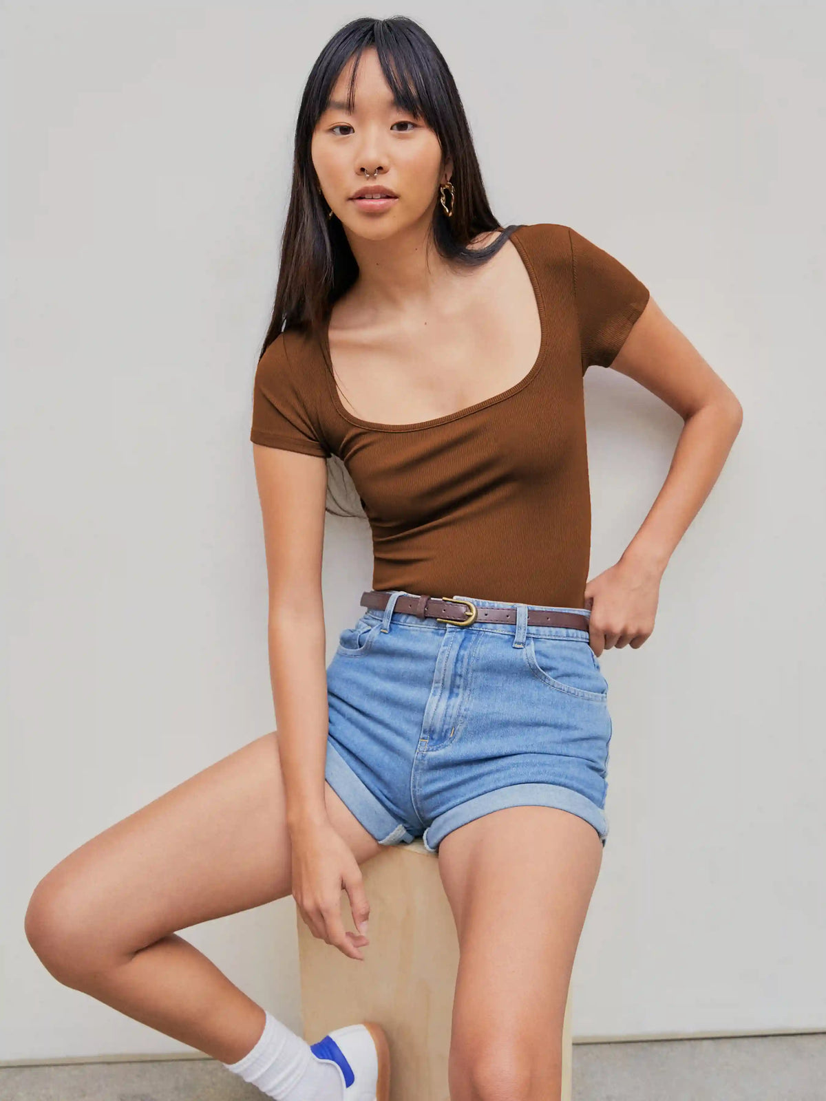 Solid Square Neck Short Sleeve Bodysuit