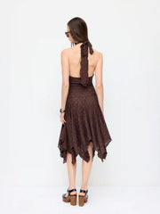 Lace V-neck Wrap Metal Detail Hanky Hem Midi Dress