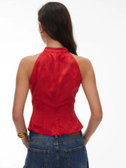 Satin Floral Jacquard Halter Neck Bowknot Cut Out Blouse
