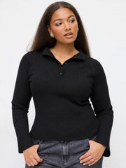 Knit Collar Button Long Bell Sleeve Top Curve & Plus