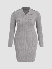 Knit Polo Solid Button Mini Dress Curve & Plus