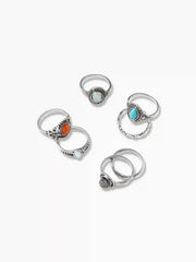 7PCS GEMSTONE & RHINESTONE & LEAF RING SET
