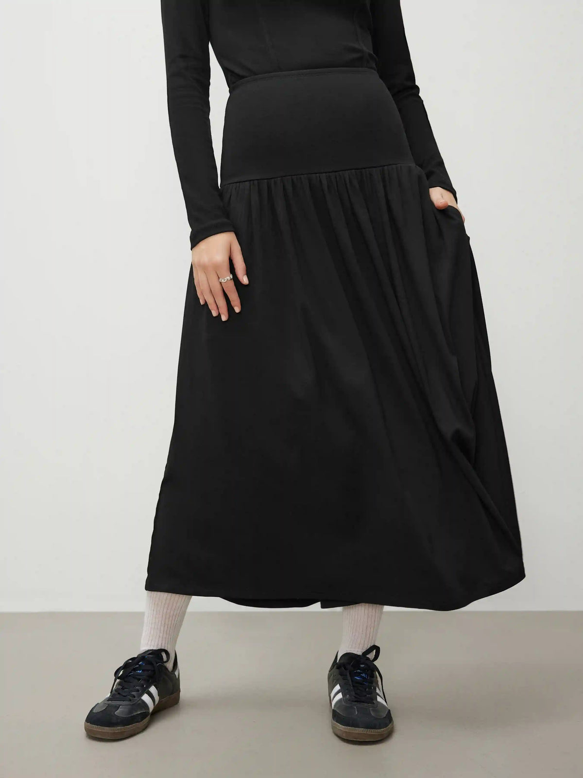 High Rise Ruffle Solid Pocket Maxi Skirt