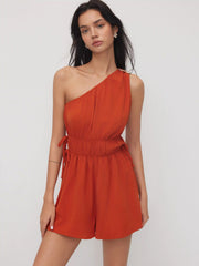 Asymmetrical Neckline Metal Detail Drawstring Knotted Romper