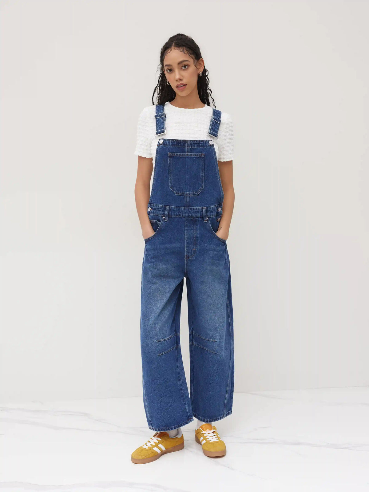 Denim Solid Buckle Pocket Barrel-leg Jumpsuit