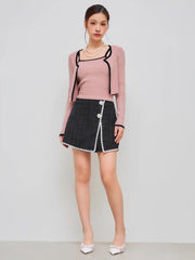Knitted Round Neckline Solid Contrasting Binding Long Sleeve Top With Crop Cami Top