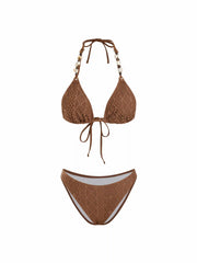 Halter Neckline Broderie Anglaise Beaded Detail Ring Linked Triangle Bikini Set