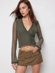 Lace V-Neck Wrap Long Sleeve Top