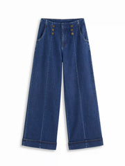 Stretch Denim Mid Rise Button Wide Leg Jeans