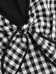 Cotton V-neck Puff Sleeve Twist Knotted Gingham A-line Mini Dress
