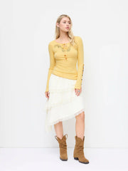 Mid Rise Lace Trim Layered Asymmetrical Hem Midi Skirt