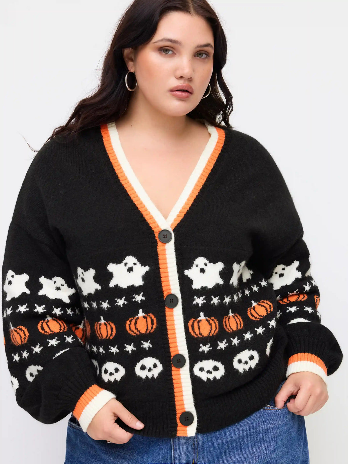Knit V-neck Star Pumpkin Ghost Contrasting Binding Oversized Cardigan Curve & Plus