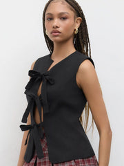 Cotton-blend Round Neck Solid Bowknot Sleeveless Vest