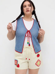 Knit Crochet V-Neck Colorblock Tie Front Bow Oversized Vest Curve & Plus