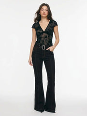 Low Rise Metal Detail Belted Flared Trousers