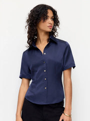 Satin Collar Short Sleeve Button Front Blouse