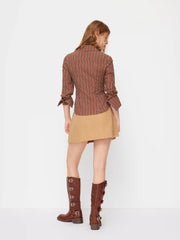 Collar Stripe Curved Hem Roll up Long Sleeve Blouse