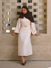 Satin Boat Neck Lantern Sleeve Mermaid Maxi Dress With Belt