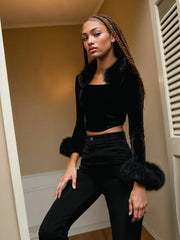 Velvet Solid Square Neck Fuzzy Crop Blouse
