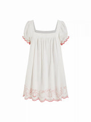 Fruit Embroidery Square Neck Puff Sleeve Babydoll Smock Mini Dress