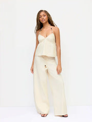 Denim Halter Neckline Beaded Twist Knotted Oversized Cami Top