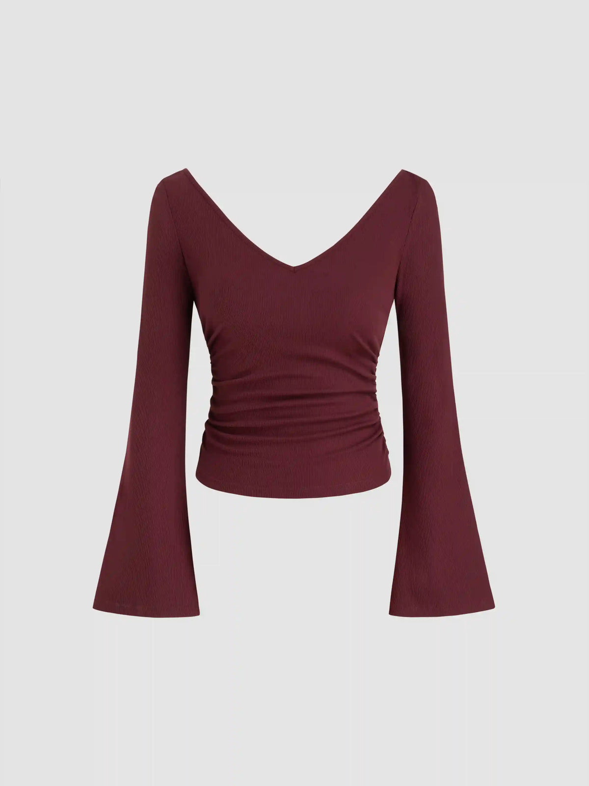 V-neck Solid Ruched Long Bell Sleeve Tee