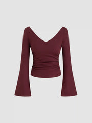 V-neck Solid Ruched Long Bell Sleeve Tee