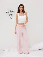 Built-in Bra Square Neck Bowknot Lace Trim Crop Tank Top & Mid Rise Drawstring Wide Leg Trousers Loungewear Set